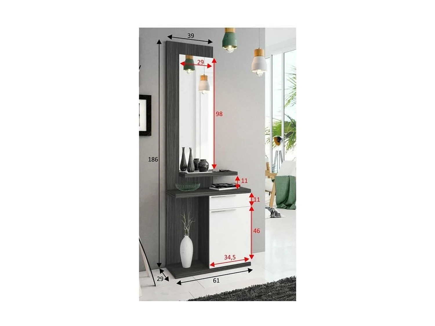 Meuble d'entrée - Blanc Brillant et Gris cendré- KENDRA