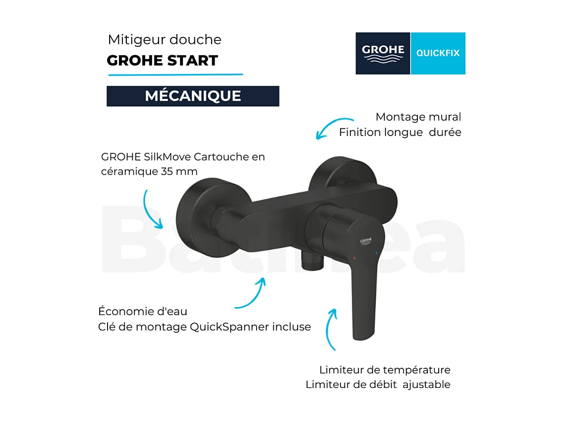 Mitigeur de douche mécanique  GROHE Start noir mat + nettoyant