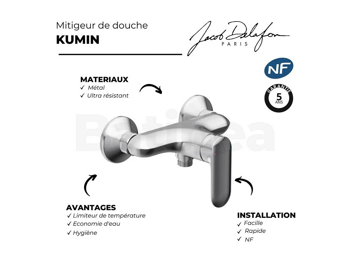 Mitigeur douche JACOB DELAFON Kumin, mécanique et mural, Chrome