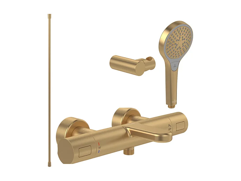 Pack mitigeur baignoire thermostatique VILLEROY ET BOCH Universal rond Or brossé avec ensemble