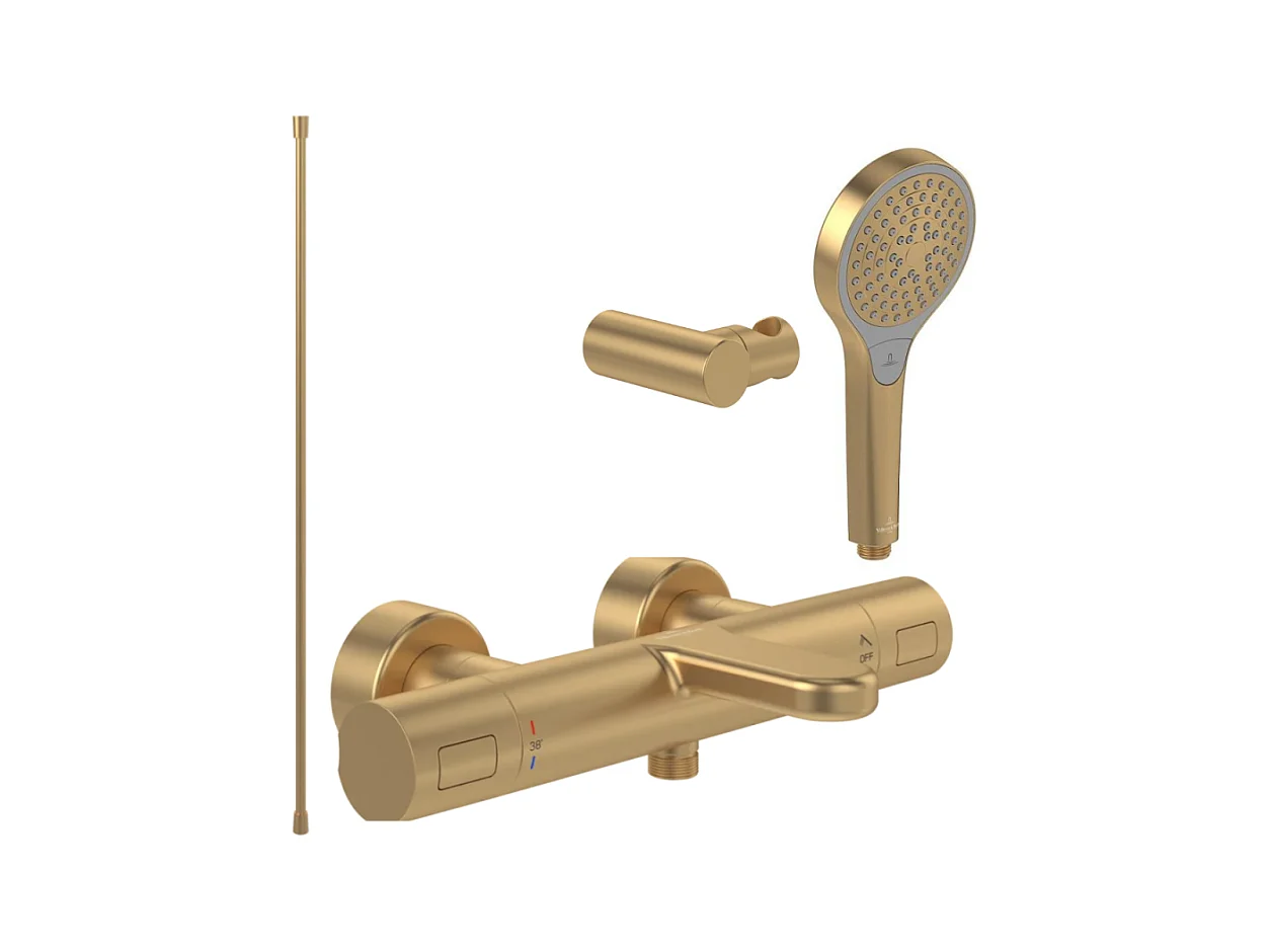 Pack mitigeur baignoire thermostatique VILLEROY ET BOCH Universal rond Or brossé avec ensemble