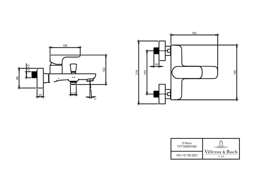 Pack mitigeur baignoire mécanique VILLEROY ET BOCH O novo Chrome avec ensemble