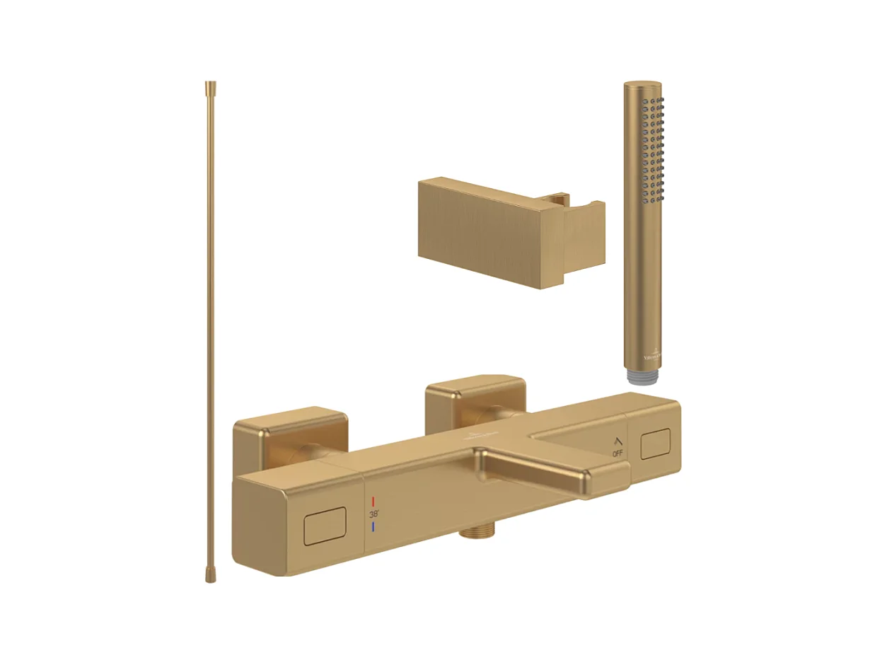 Pack mitigeur baignoire thermostatique VILLEROY ET BOCH Universal carré Or brossé avec ensemble
