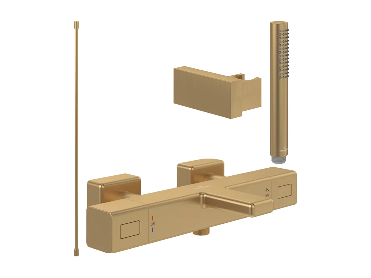 Pack mitigeur baignoire thermostatique VILLEROY ET BOCH Universal carré Or brossé avec ensemble