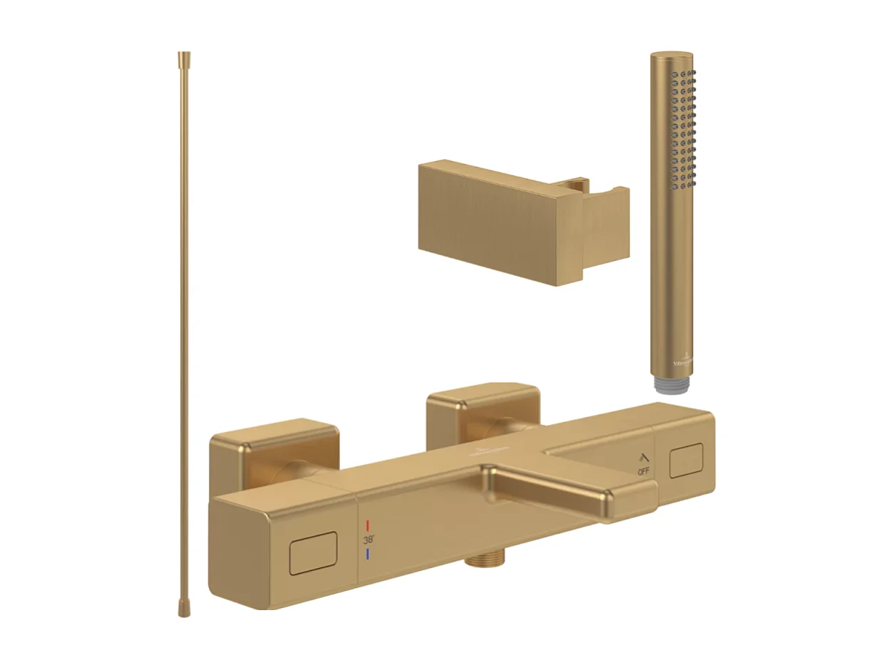 Pack mitigeur baignoire thermostatique VILLEROY ET BOCH Universal carré Or brossé avec ensemble