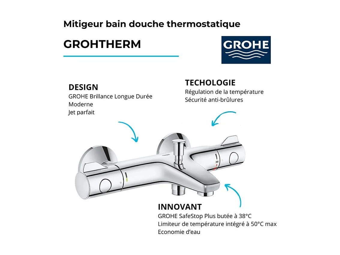 Robinet bain thermostatique GROHE Grohtherm 800 avec ensemble de douche 2 jets et colonnettes