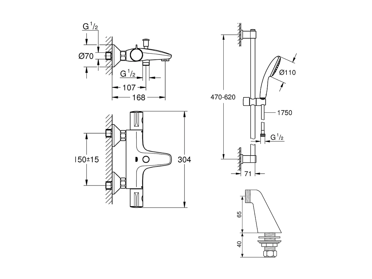 Robinet bain thermostatique GROHE Grohtherm 800 avec ensemble de douche 2 jets et colonnettes