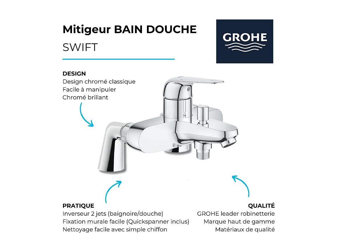 Mitigeur bain mécanique GROHE Bauloop avec ensemble de douche GROHE Vitalio Start avec colonnettes