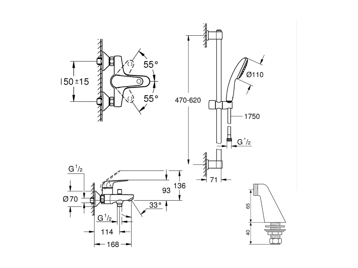 Mitigeur bain mécanique GROHE Bauloop avec ensemble de douche GROHE Vitalio Start avec colonnettes