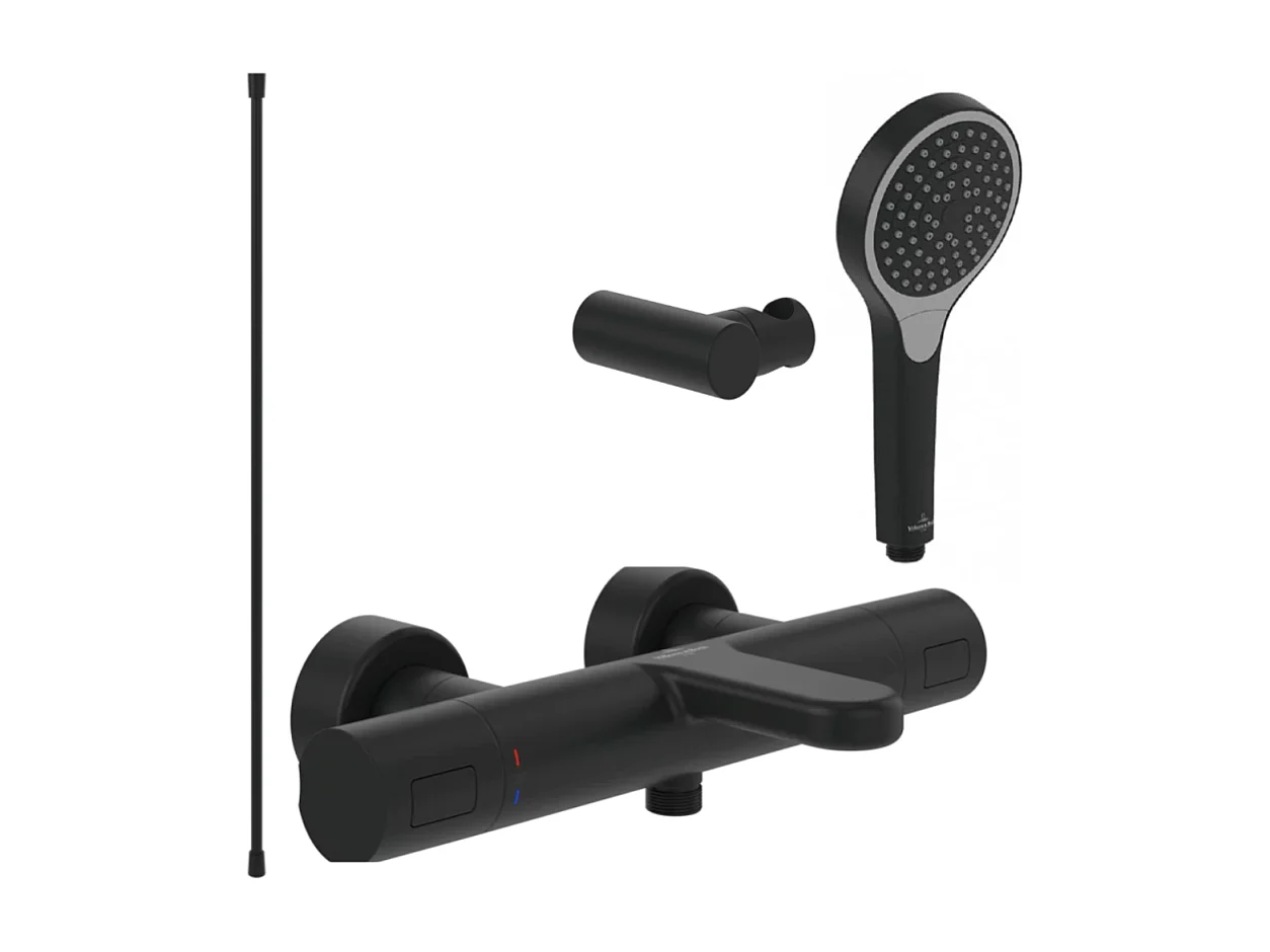 Pack mitigeur baignoire thermostatique VILLEROY ET BOCH Universal Taps & Fittings rond Noir mat avec ensemble