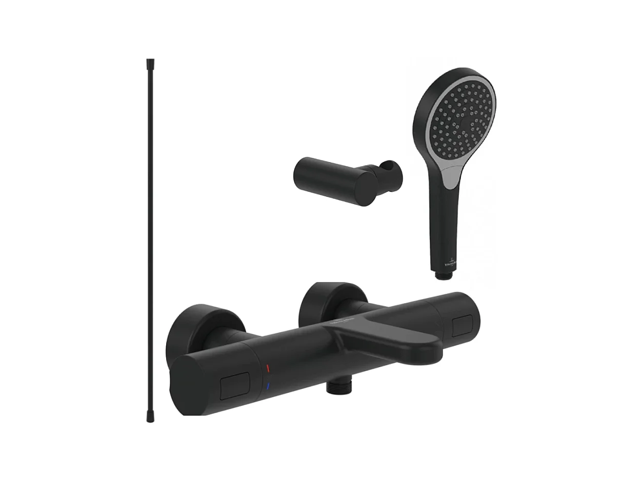 Pack mitigeur baignoire thermostatique VILLEROY ET BOCH Universal Taps & Fittings rond Noir mat avec ensemble
