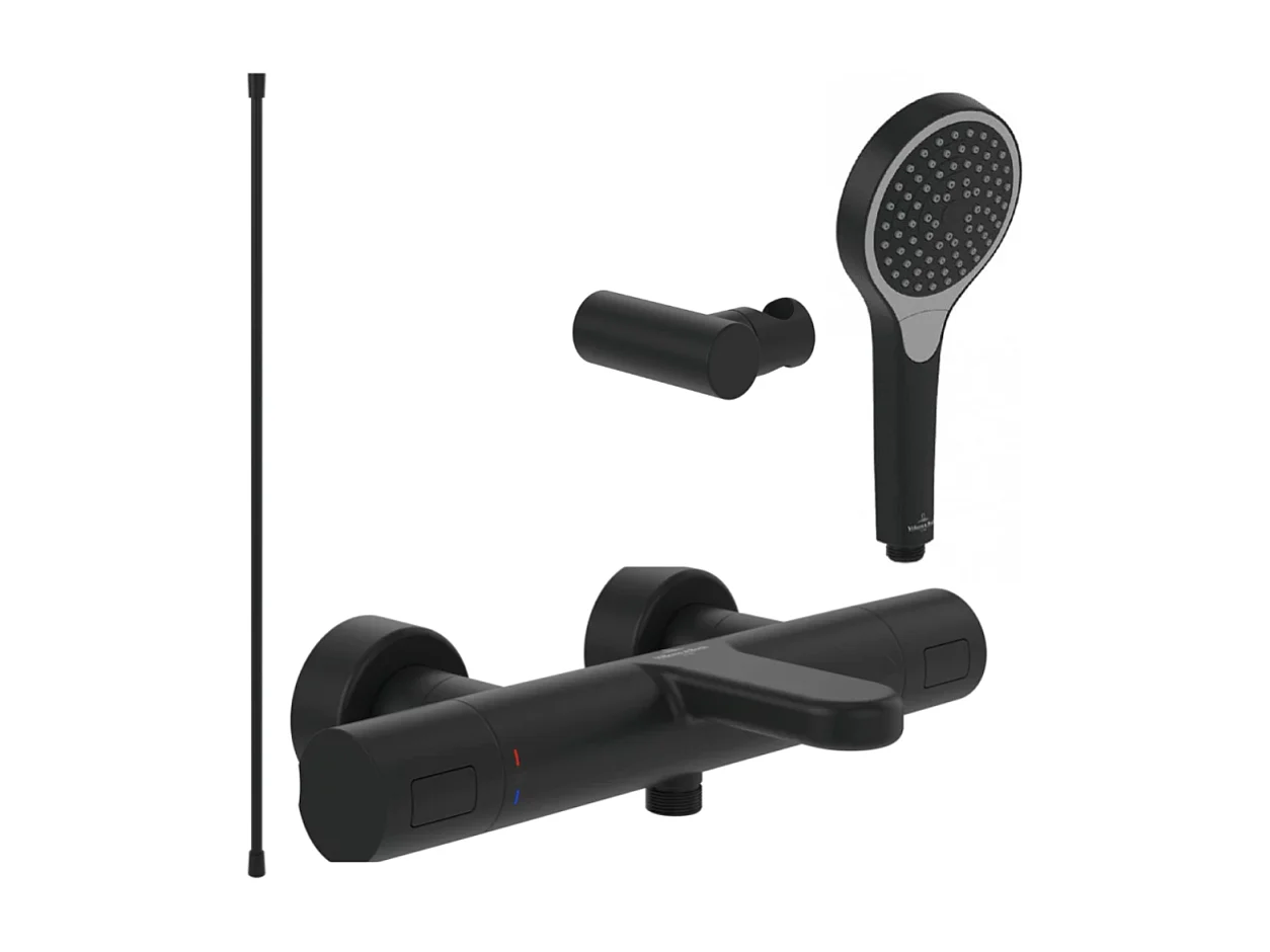 Pack mitigeur baignoire thermostatique VILLEROY ET BOCH Universal Taps & Fittings rond Noir mat avec ensemble