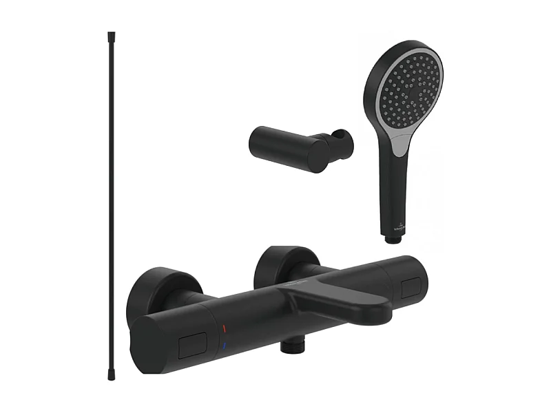 Pack mitigeur baignoire thermostatique VILLEROY ET BOCH Universal Taps & Fittings rond Noir mat avec ensemble