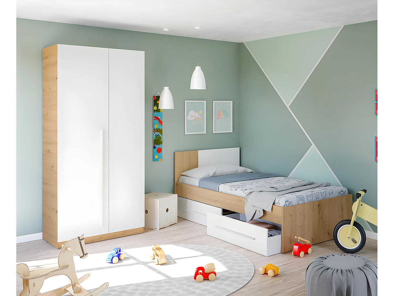 Armario juvenil Ambient - Roble Nodi y Blanco Artik