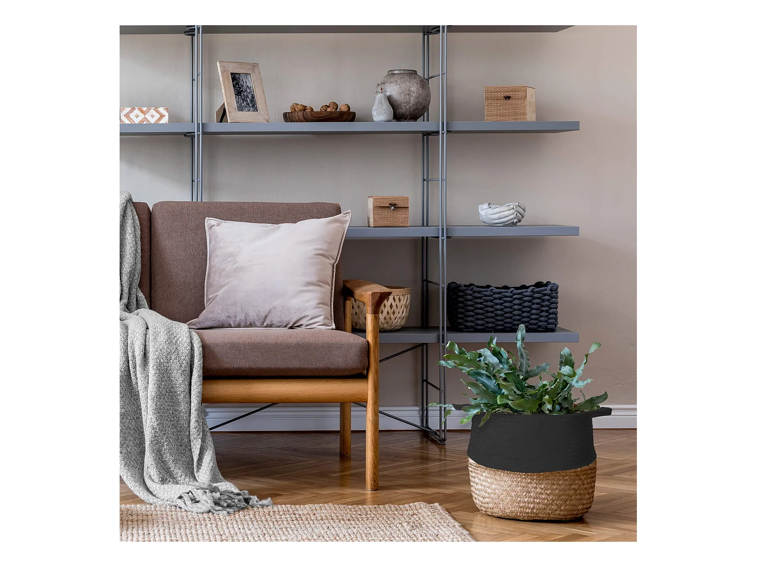 Cestas de Almacenamiento Rebecca Mobili Warda 35x35x35 Alga Marina Algodón Marrón Negro Boho CONJUNTO 2 piezas