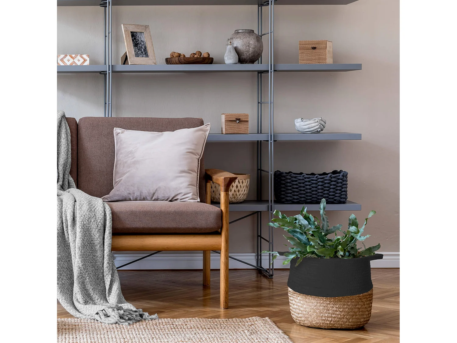 Paniers de Rangement Rebecca Mobili Warda 35x35x35 Algue Marine Coton Marron Noir Boho ENSEMBLE 2 pièces