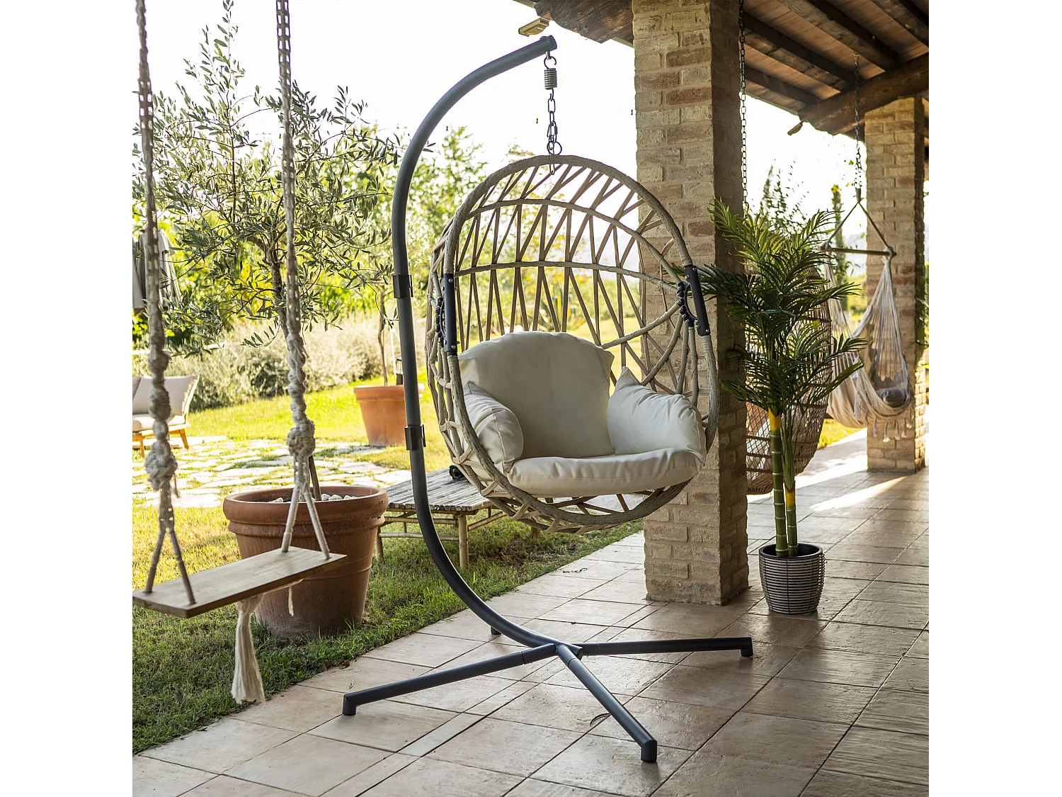 Rebecca Mobili Sedia Dondolo Poltrona Sospesa Polyrattan Beige per Esterno Interno