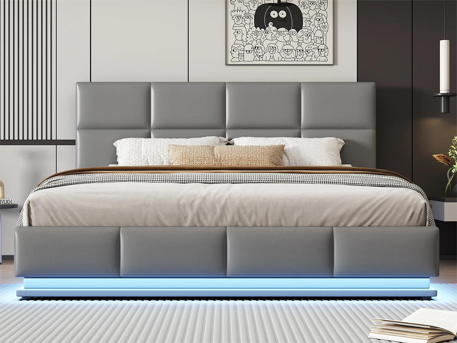 Letto contenitore imbottito 180x200 cm con illuminazione LED - in similpelle - Grigio chiaro