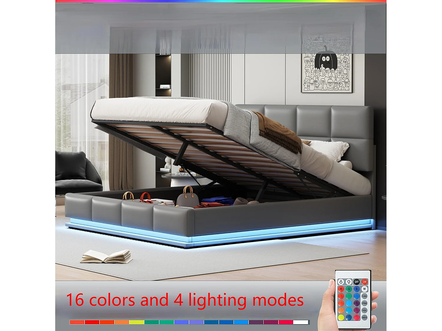 Letto contenitore imbottito 180x200 cm con illuminazione LED - in similpelle - Grigio chiaro