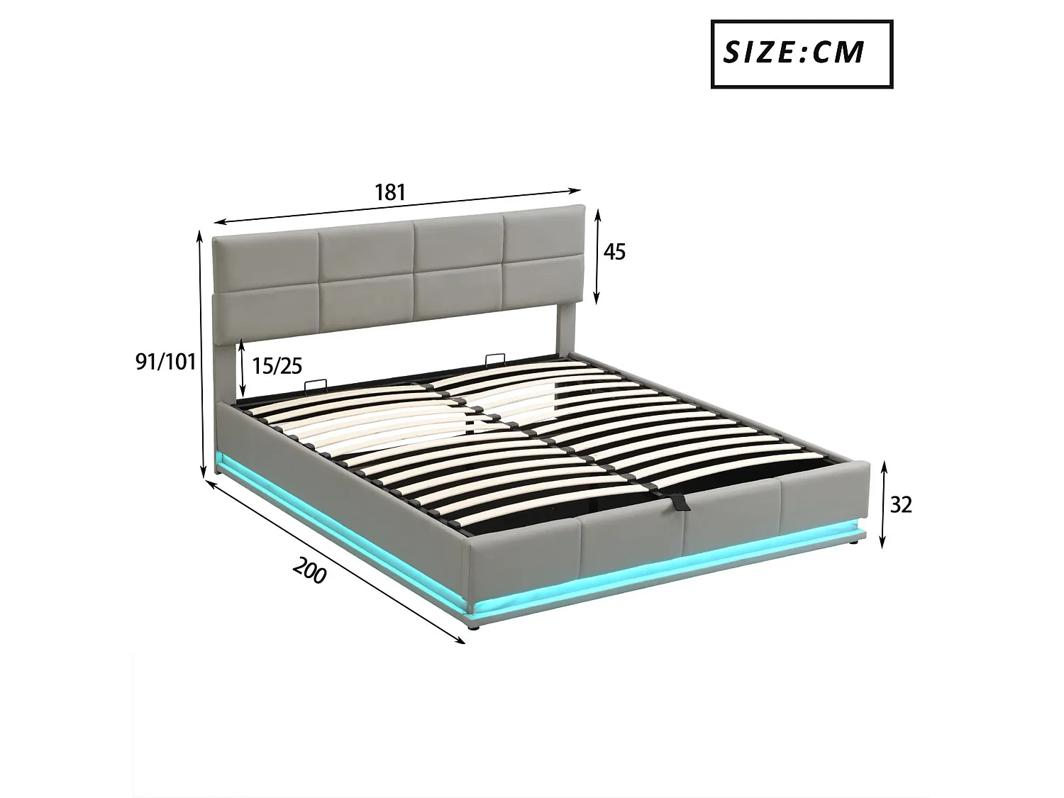 Letto contenitore imbottito 180x200 cm con illuminazione LED - in similpelle - Grigio chiaro