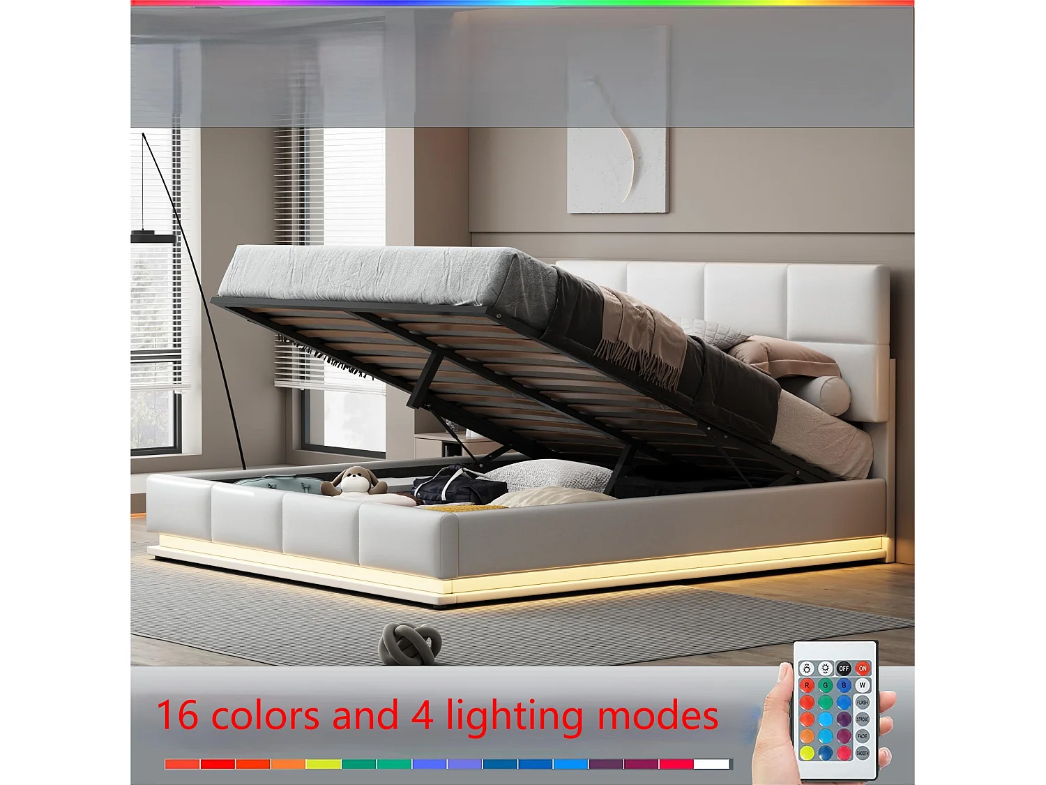 Lit coffre rembourré 180x200 cm avec éclairage LED - en similicuir - Blanc