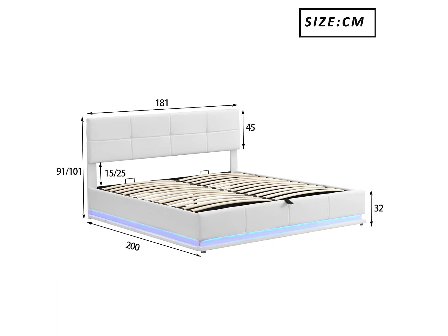 Lit coffre rembourré 180x200 cm avec éclairage LED - en similicuir - Blanc