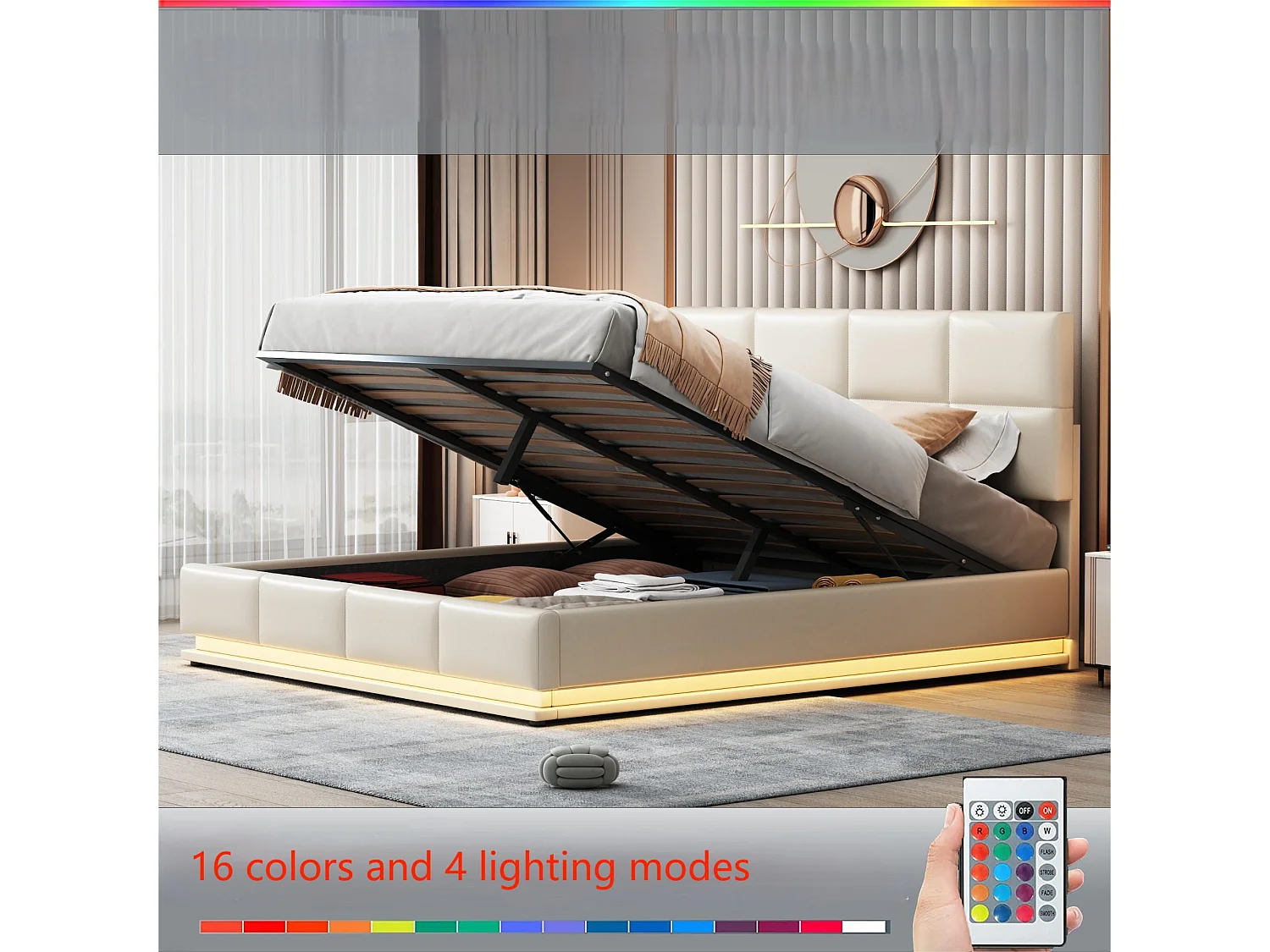 Letto contenitore imbottito 180x200 cm con illuminazione LED - in similpelle - Beige