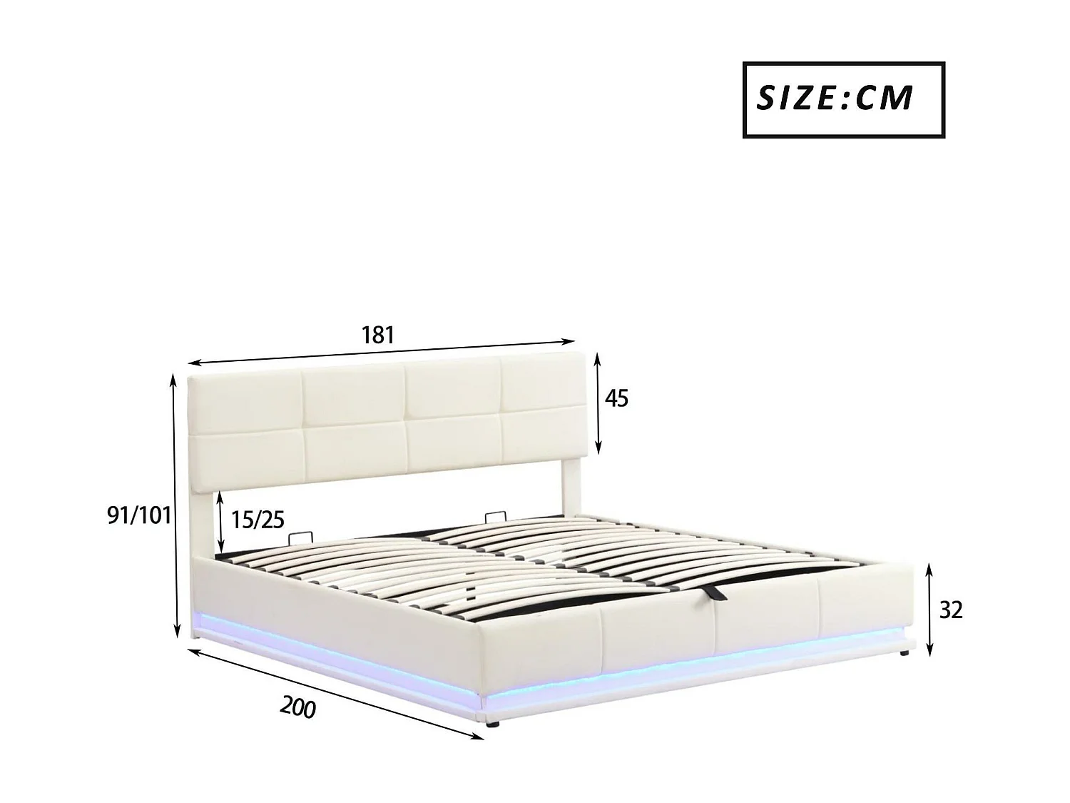 Letto contenitore imbottito 180x200 cm con illuminazione LED - in similpelle - Beige
