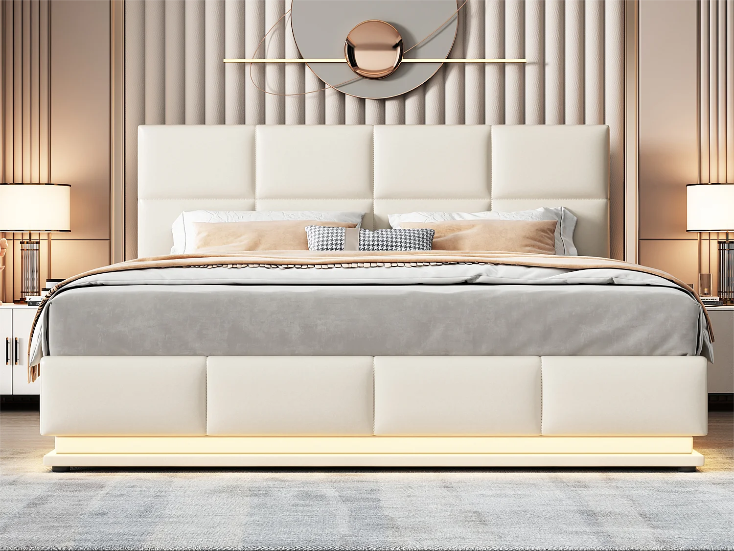 Gestoffeerd opbergbed 180x200 cm met LED verlichting - in kunstleer - Beige