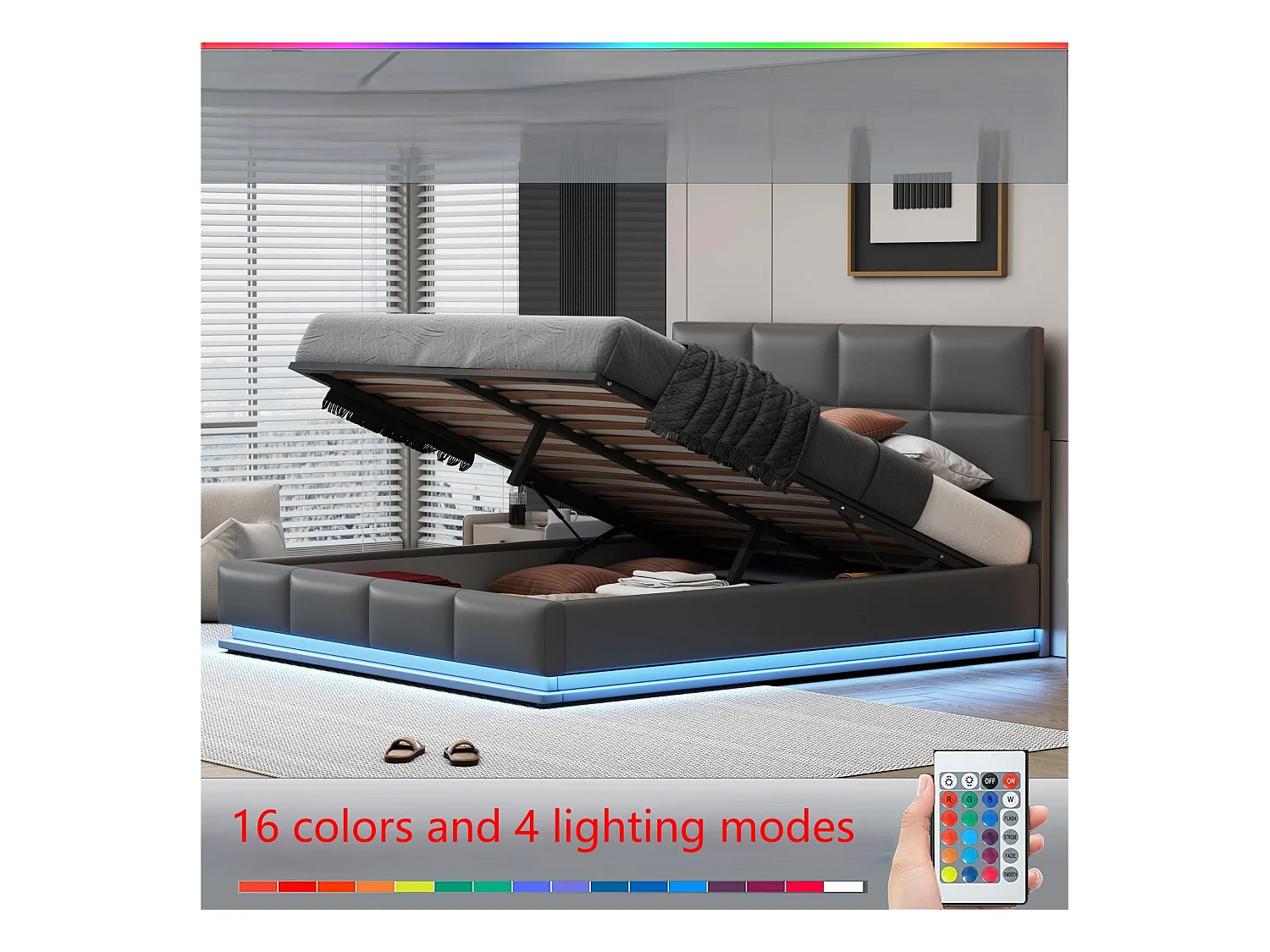 Gestoffeerd opbergbed 180x200 cm met LED verlichting - in kunstleer - Grijs
