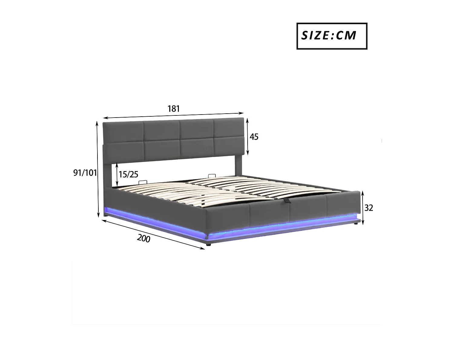 Gestoffeerd opbergbed 180x200 cm met LED verlichting - in kunstleer - Grijs