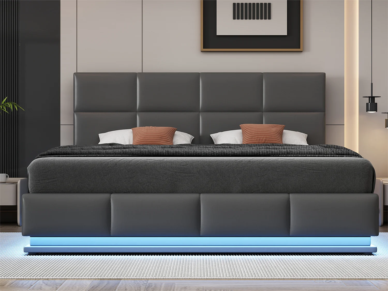 Gestoffeerd opbergbed 180x200 cm met LED verlichting - in kunstleer - Grijs