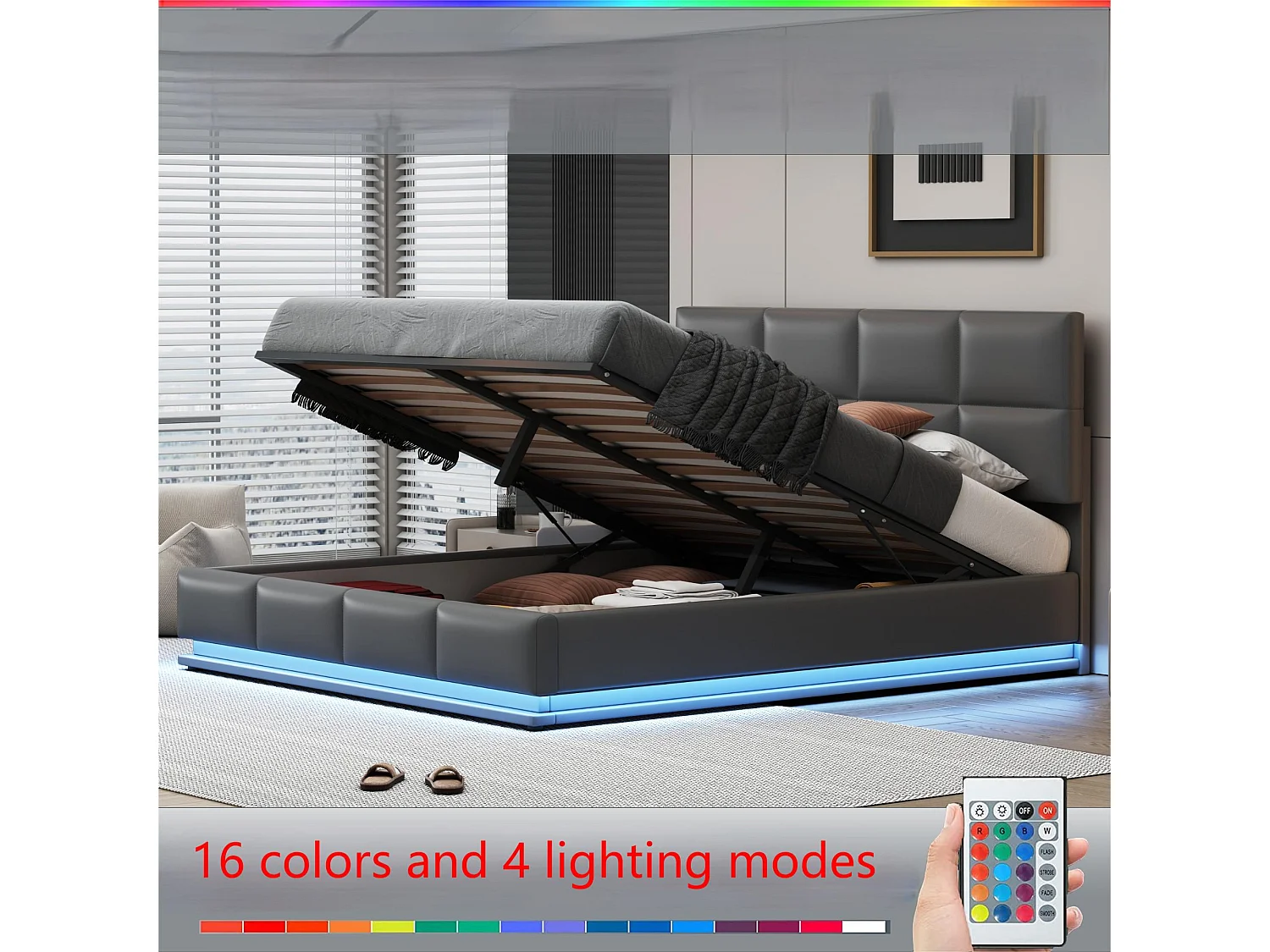 Gestoffeerd opbergbed 180x200 cm met LED verlichting - in kunstleer - Grijs