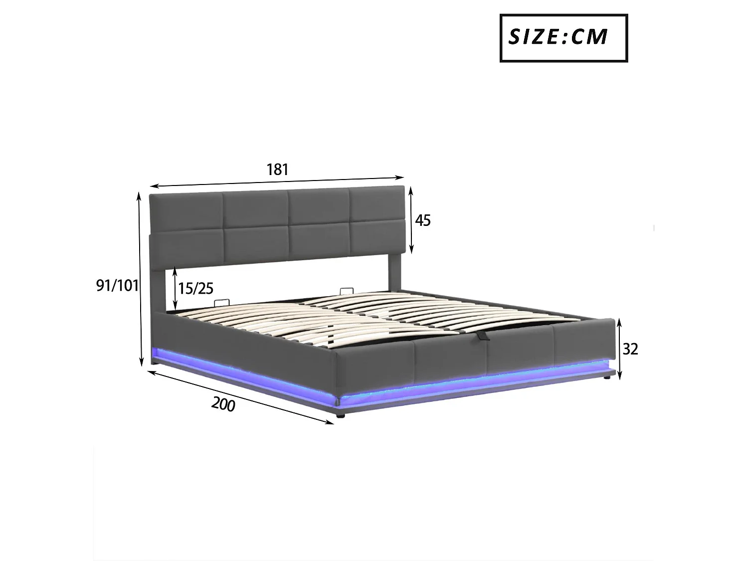 Gestoffeerd opbergbed 180x200 cm met LED verlichting - in kunstleer - Grijs