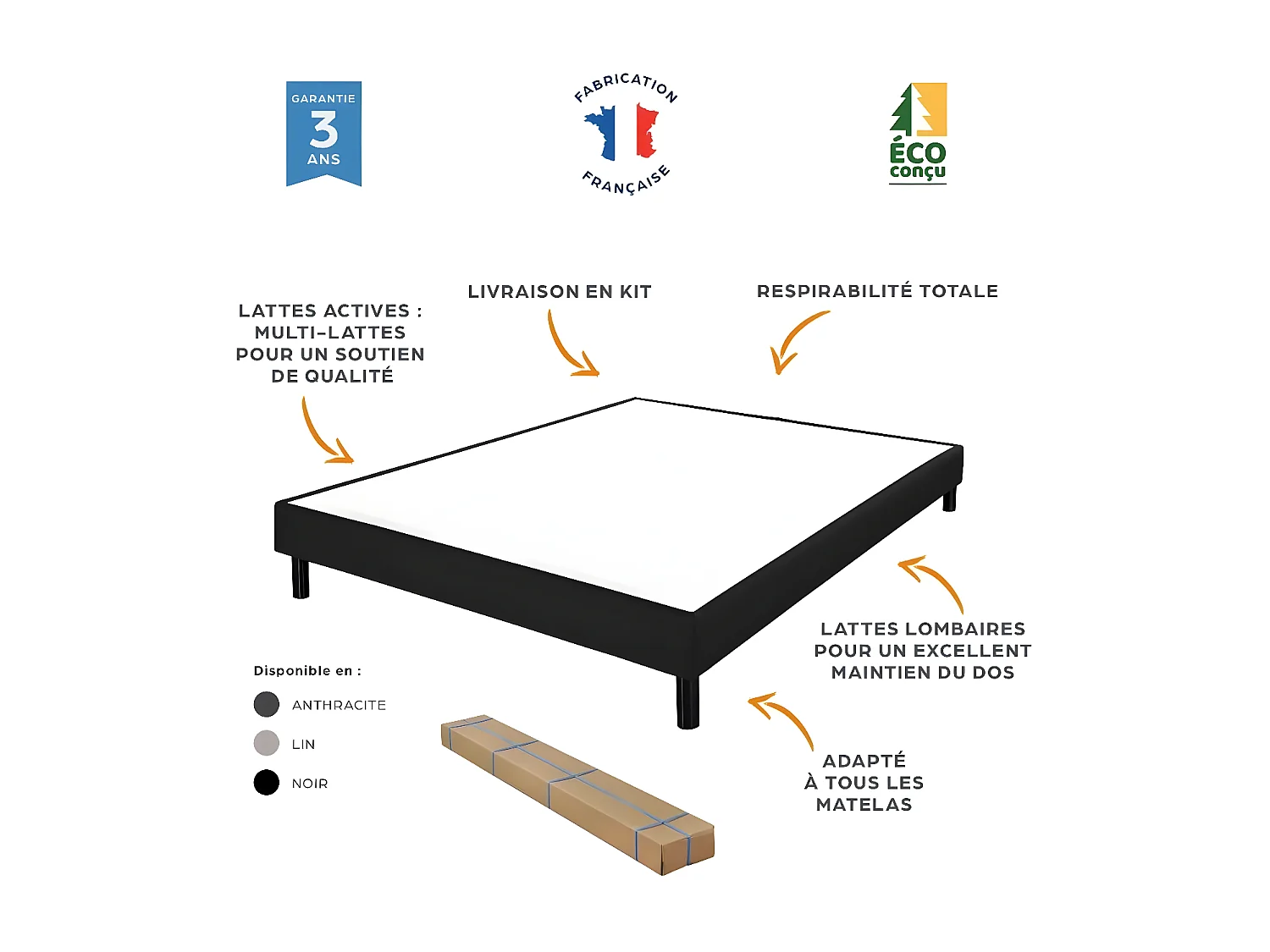 Sommier déco en Kit + pieds 90x190 - Newkit 20 lattes bois - Tissu crème - H. 18 cm