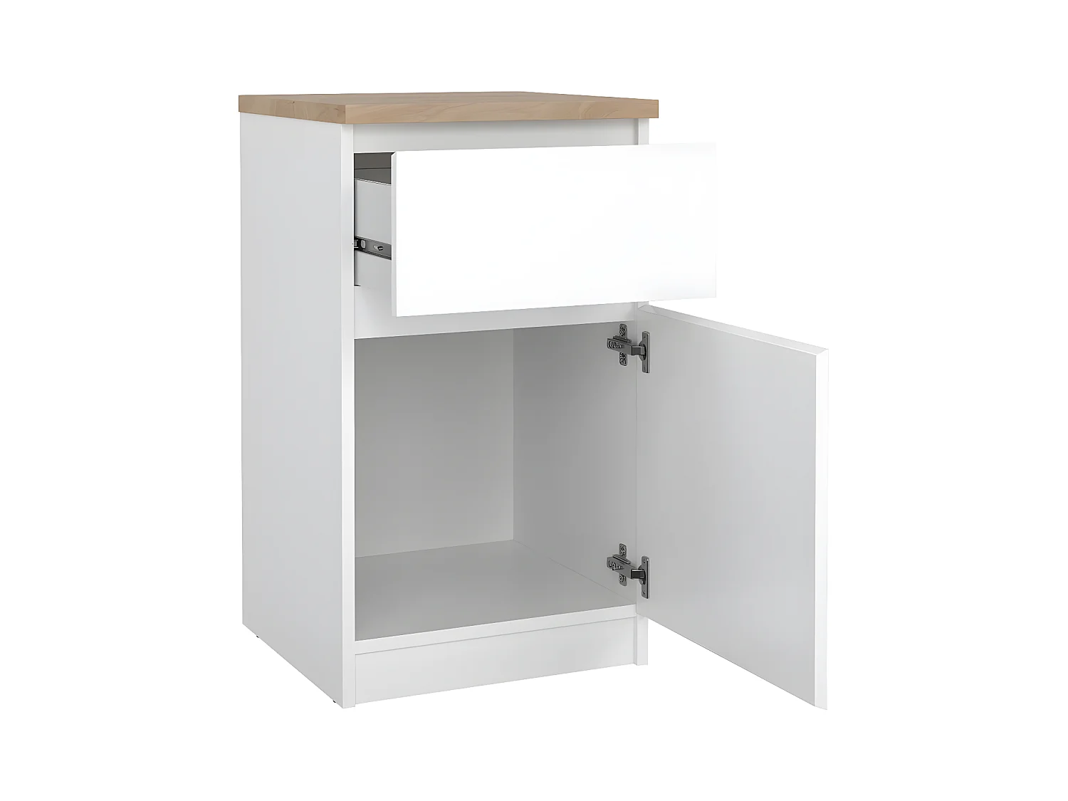 Naia nachtkastje deur omkeerbaar 1 deur 1 lade okkernoot decor wit hoog glans.