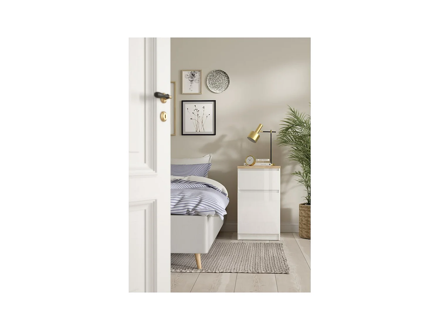 Naia nachtkastje deur omkeerbaar 1 deur 1 lade okkernoot decor wit hoog glans.