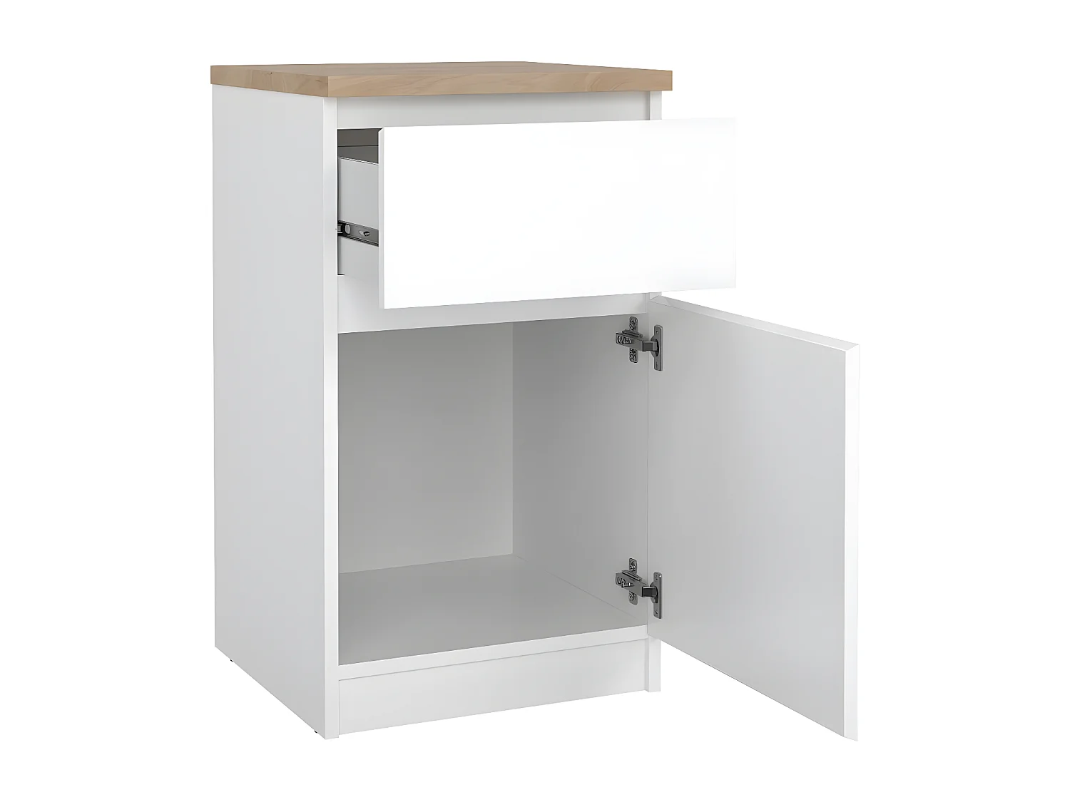 Naia nachtkastje deur omkeerbaar 1 deur 1 lade okkernoot decor wit hoog glans.