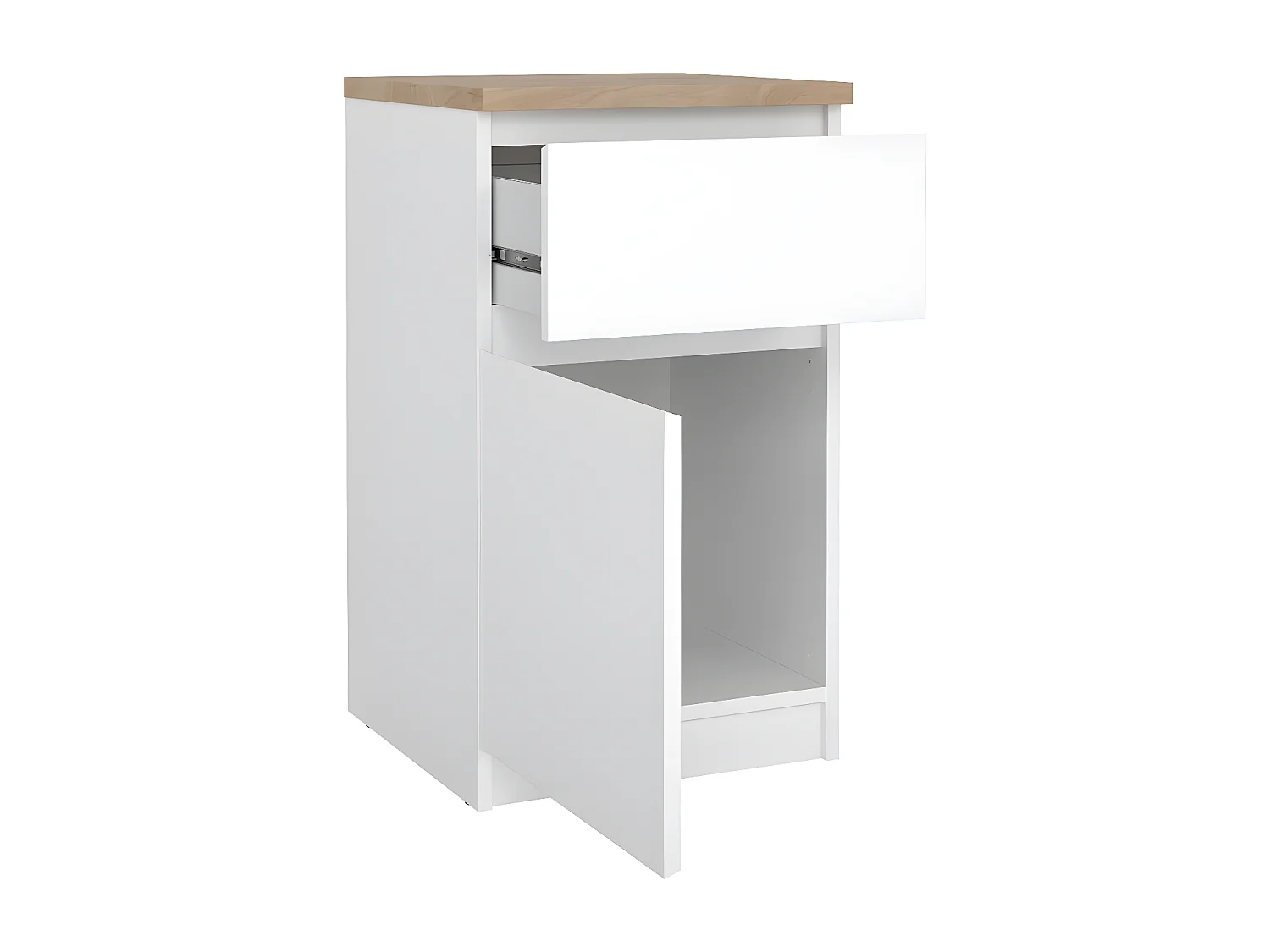 Naia nachtkastje deur omkeerbaar 1 deur 1 lade okkernoot decor wit hoog glans.