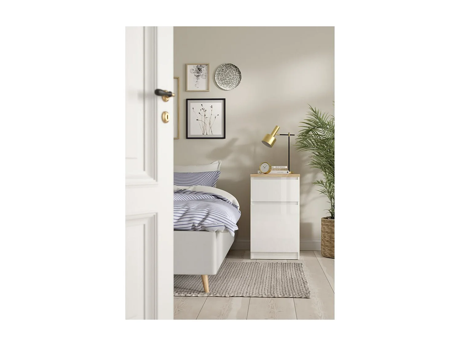 Naia nachtkastje deur omkeerbaar 1 deur 1 lade okkernoot decor wit hoog glans.