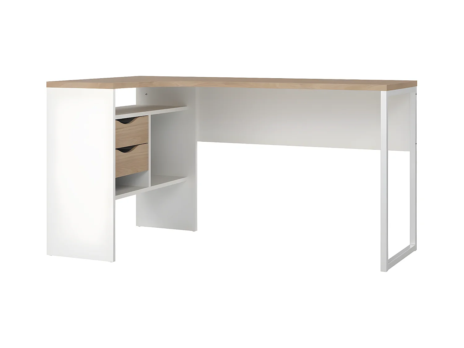 FunctionPlus bureau coin 3 tablettes 2 tiroirs noyer décor blanc.