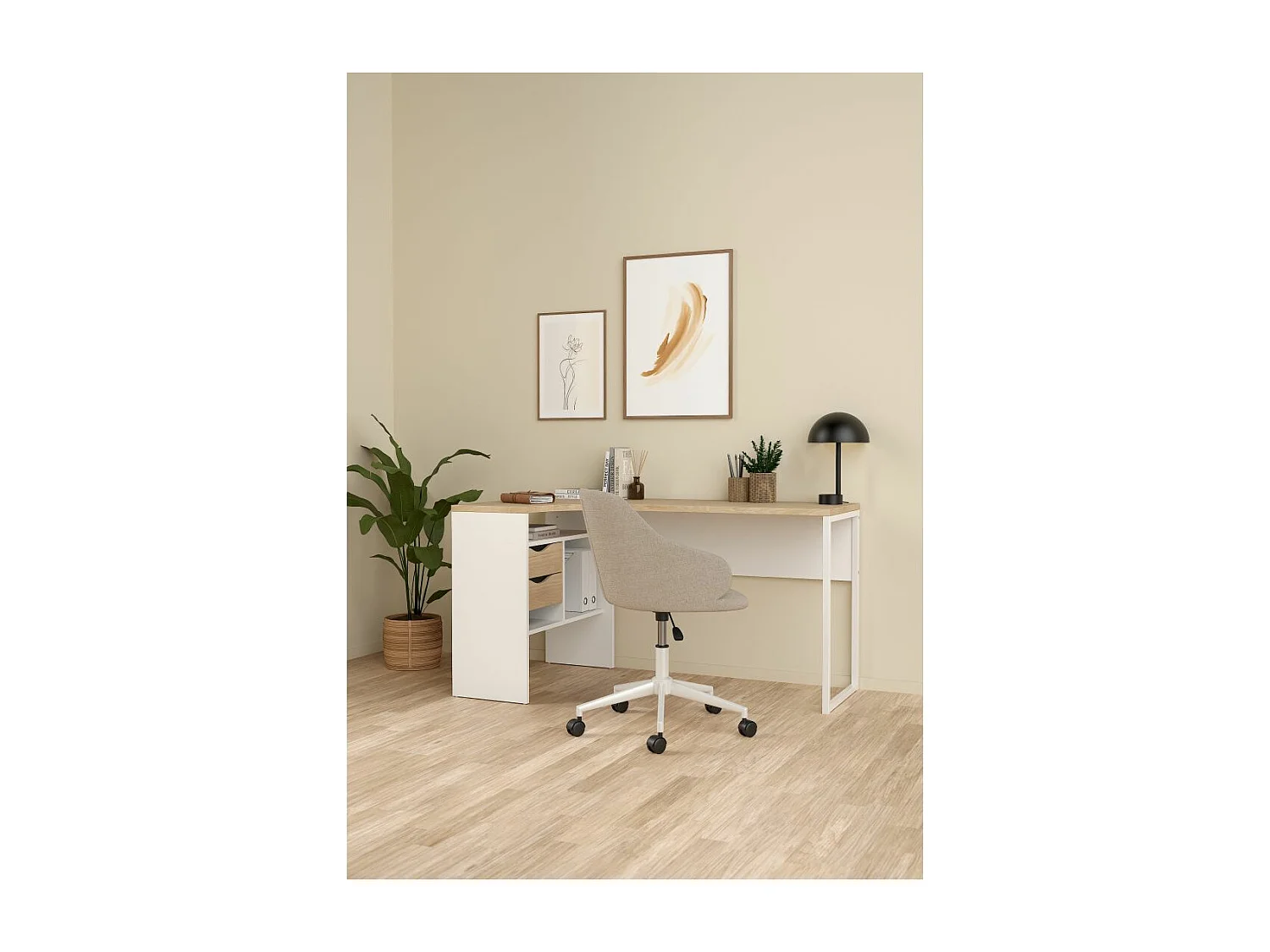 FunctionPlus bureau hoek 3 planken 2 laden okkernoot decor wit.