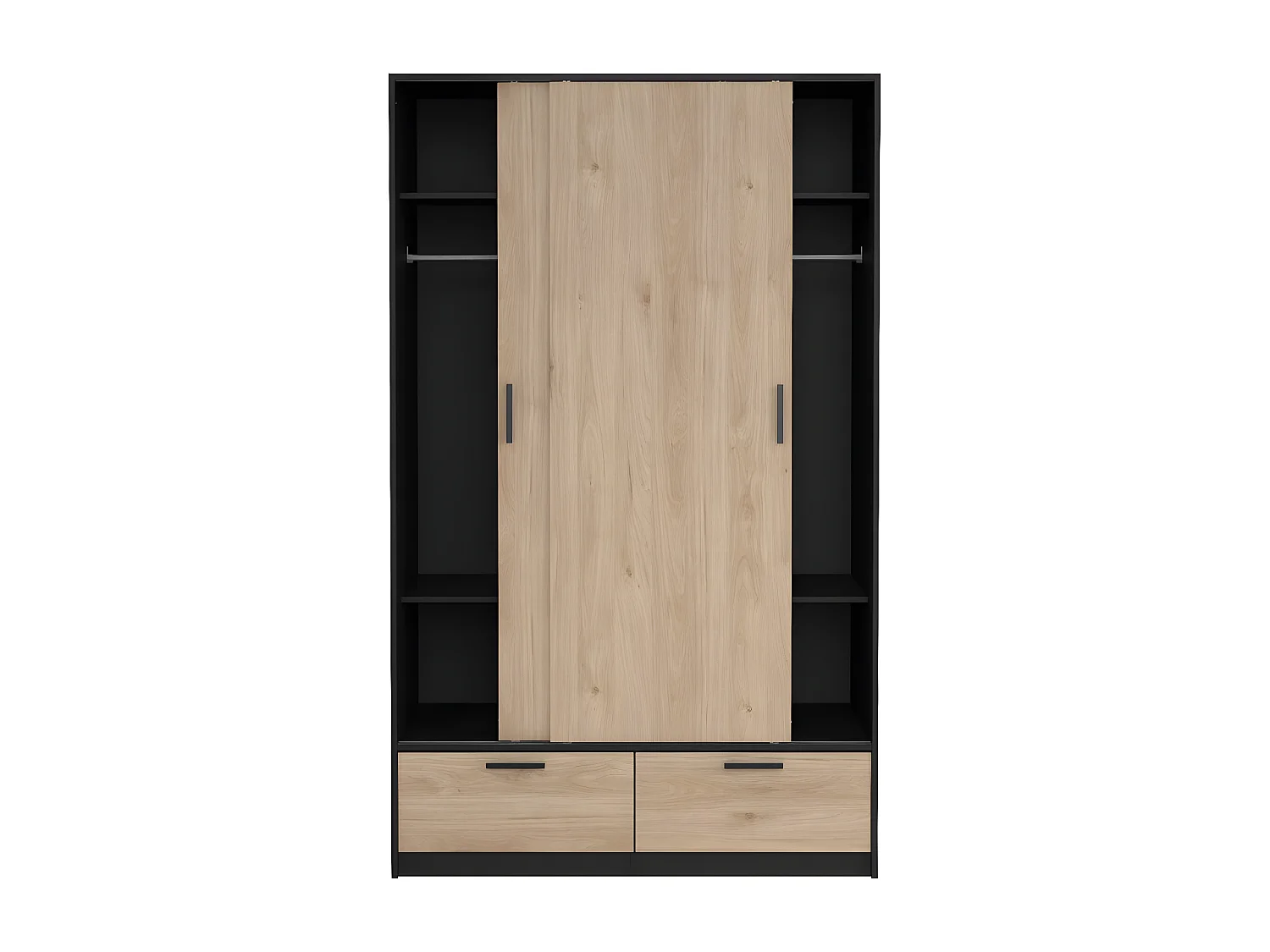 Line Kleiderschrank 2 Türen 2 Schubladen Nussbaum dekor schwarz matt.