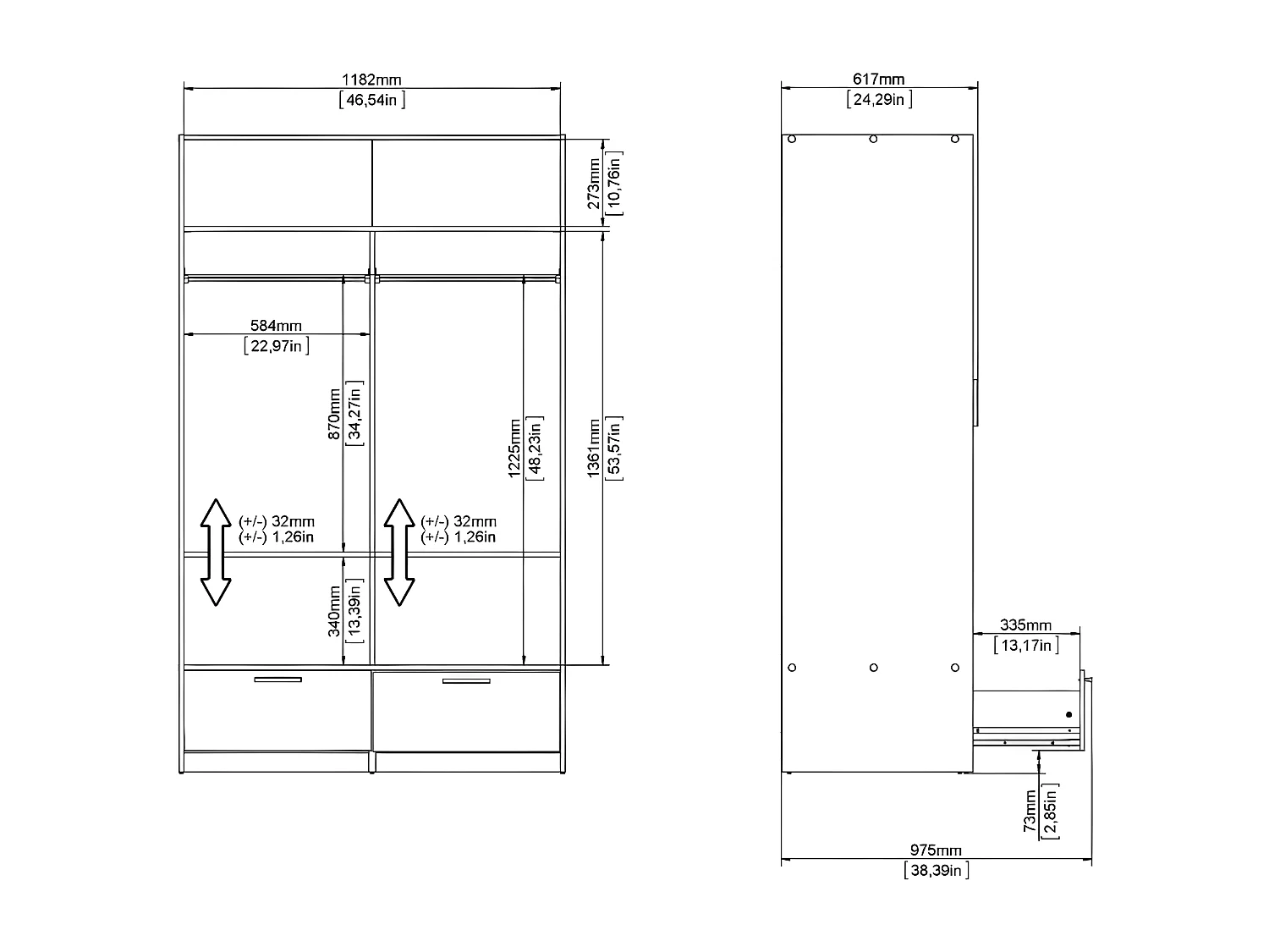 Line Kleiderschrank 2 Türen 2 Schubladen Nussbaum dekor schwarz matt.
