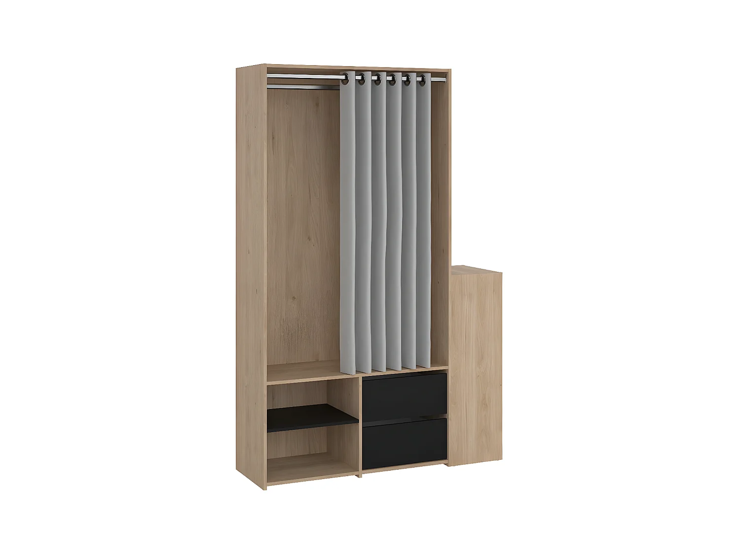 Kit kledingkast open, met gordijn, 2 lades, schoenenkast okkernoot decor zwart mat gordijn lichtgrijs.