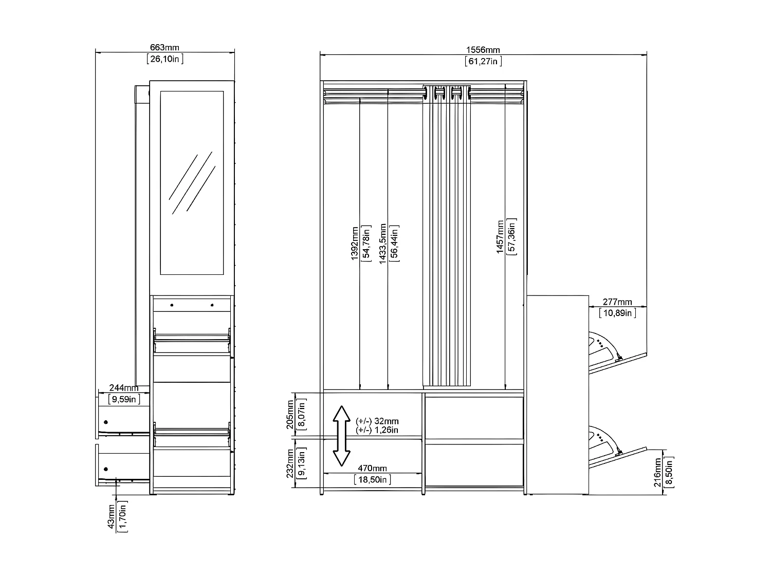 Kit kledingkast open, met gordijn, 2 lades, schoenenkast okkernoot decor zwart mat gordijn lichtgrijs.