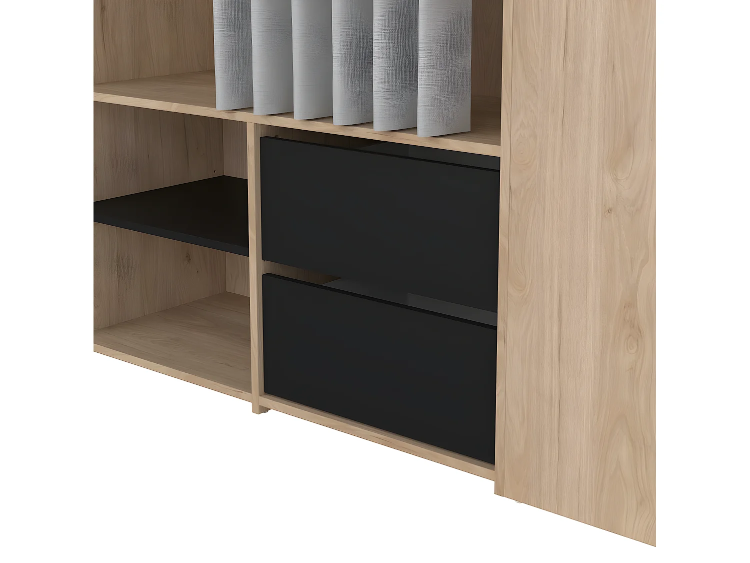 Kit kledingkast open, met gordijn, 2 lades, schoenenkast okkernoot decor zwart mat gordijn lichtgrijs.