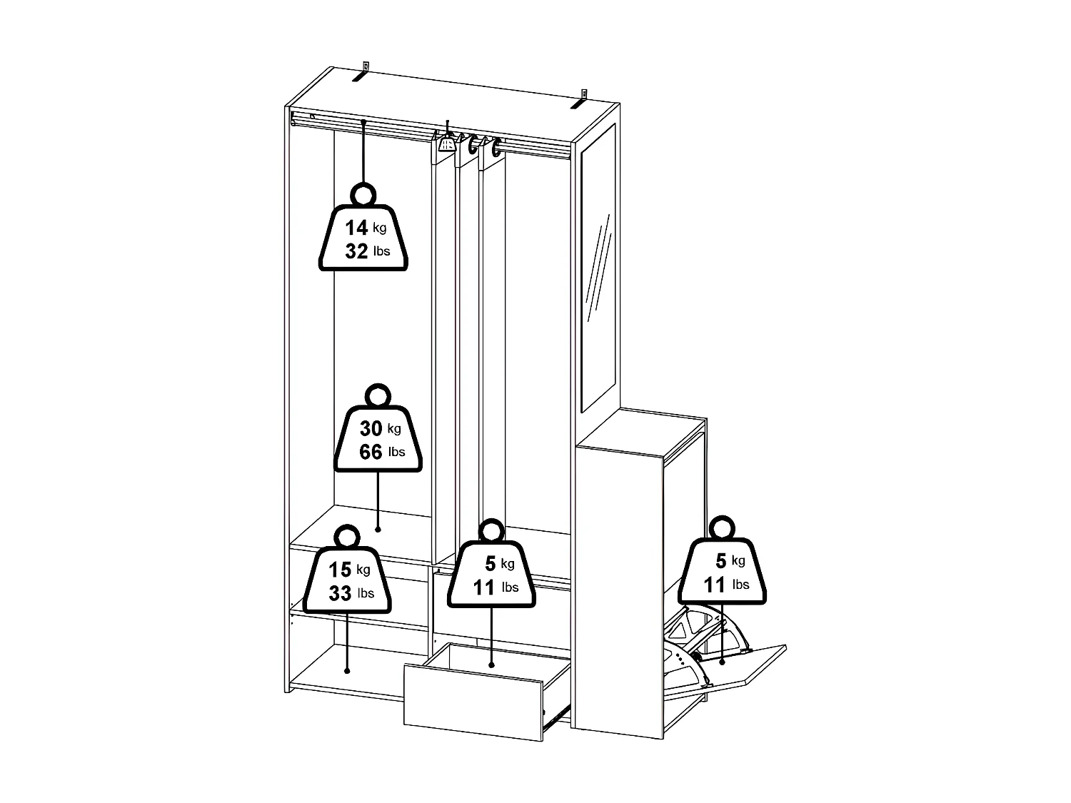 Kit kledingkast open, met gordijn, 2 lades, schoenenkast okkernoot decor zwart mat gordijn lichtgrijs.