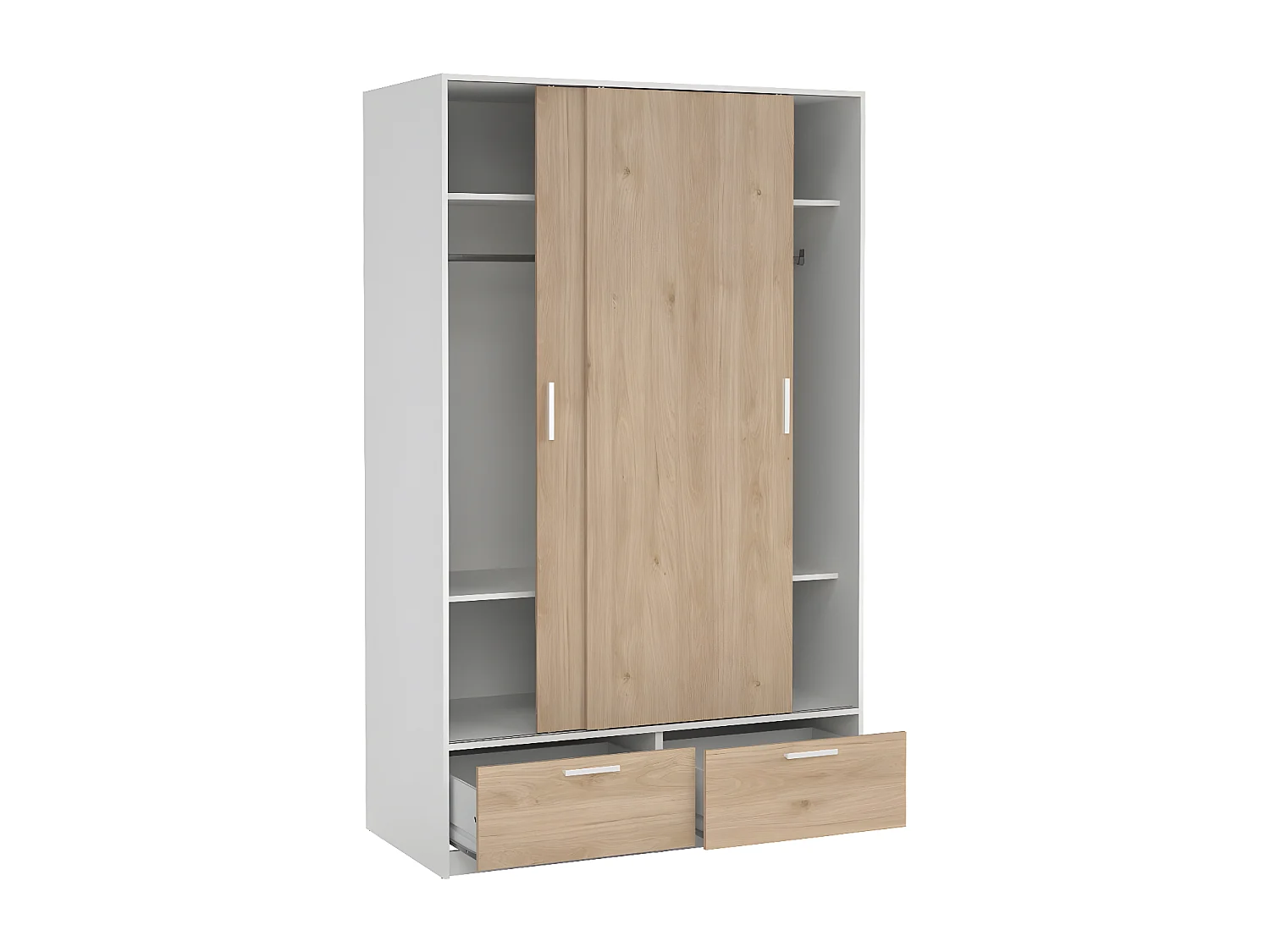 Line armoire de rangement 2 portes 2 tiroirs noyer décor blanc.