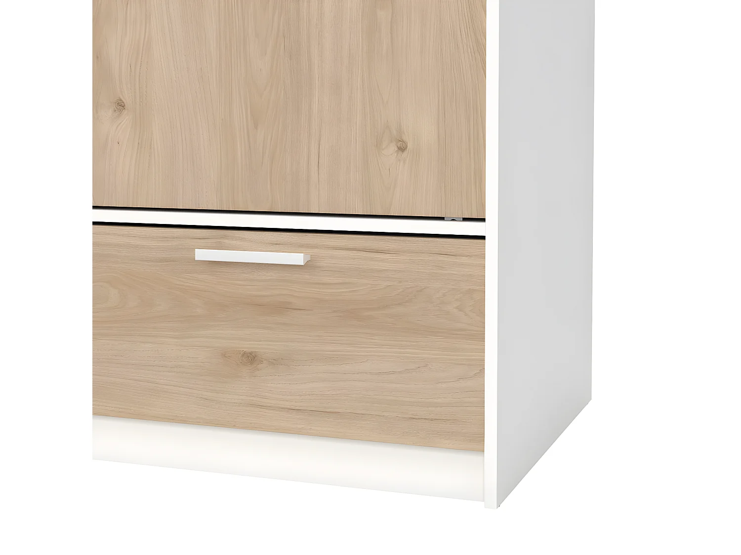 Line armoire de rangement 2 portes 2 tiroirs noyer décor blanc.